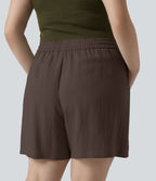 Short casual aspect lin grande taille taille haute avec cordon de serrage et poches