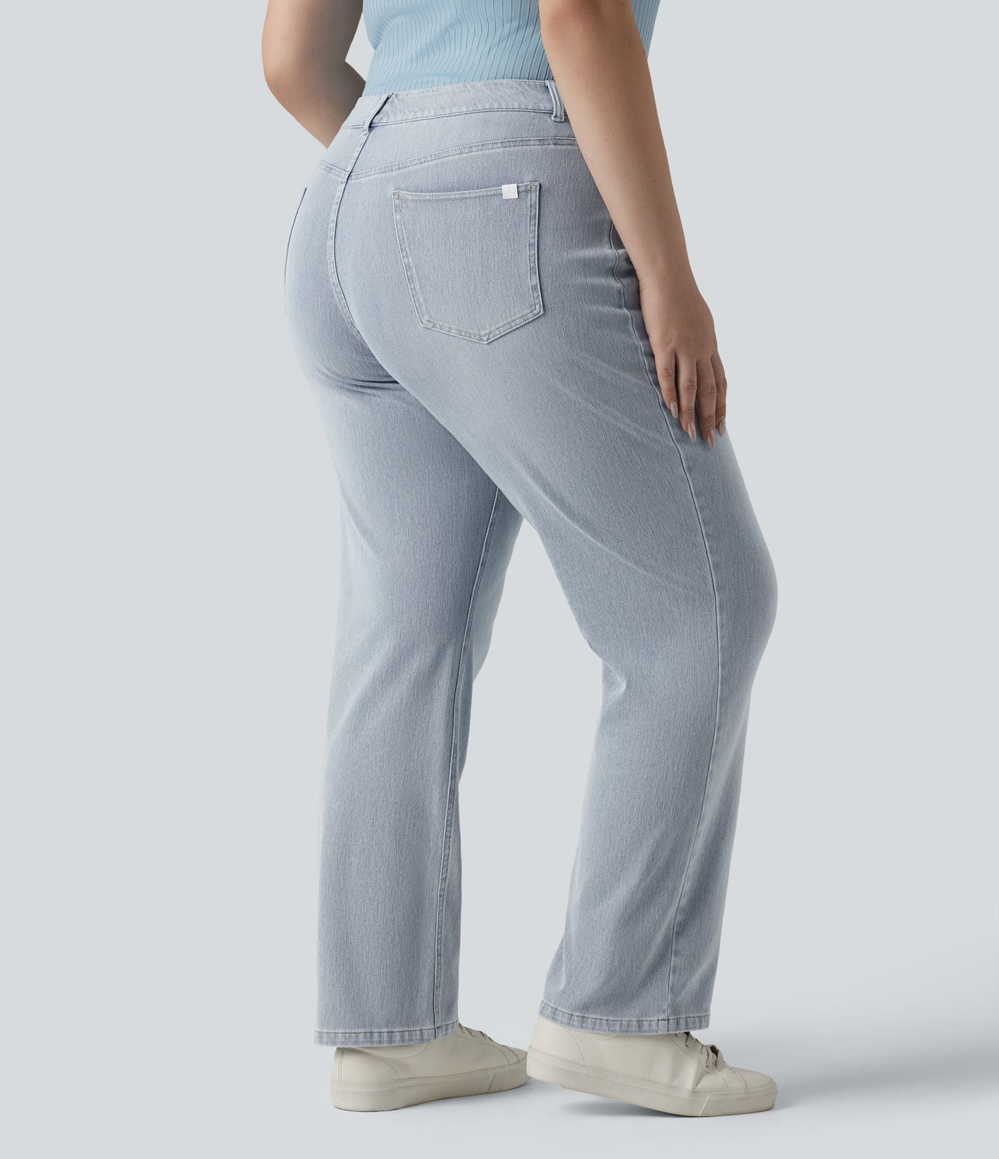Jean décontracté Halara Flex™ grande taille, taille haute, multiples poches, jambes droites, effet délavé, en maille extensible