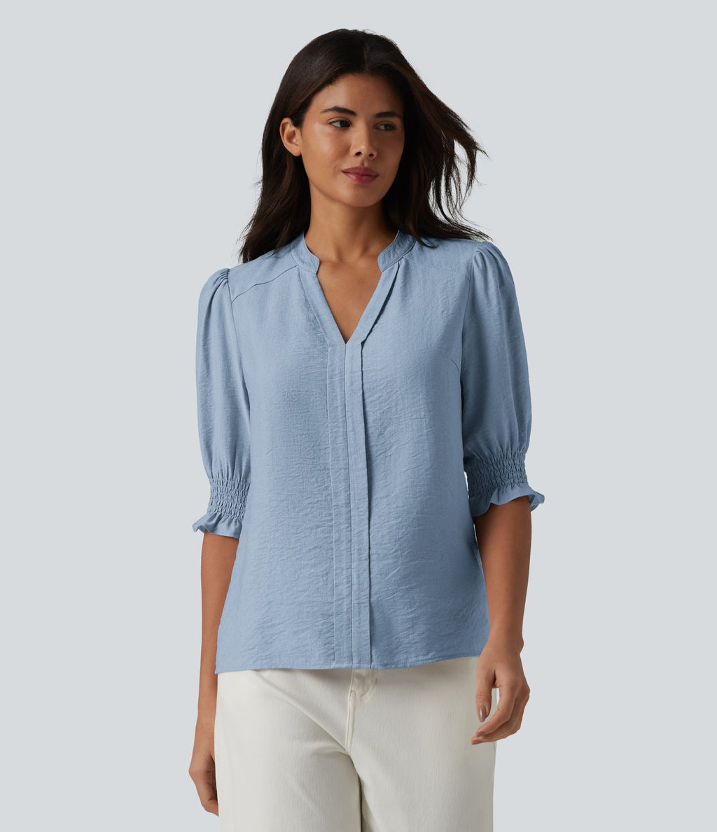 Blouse décontractée à col en V et manches courtes bouffantes