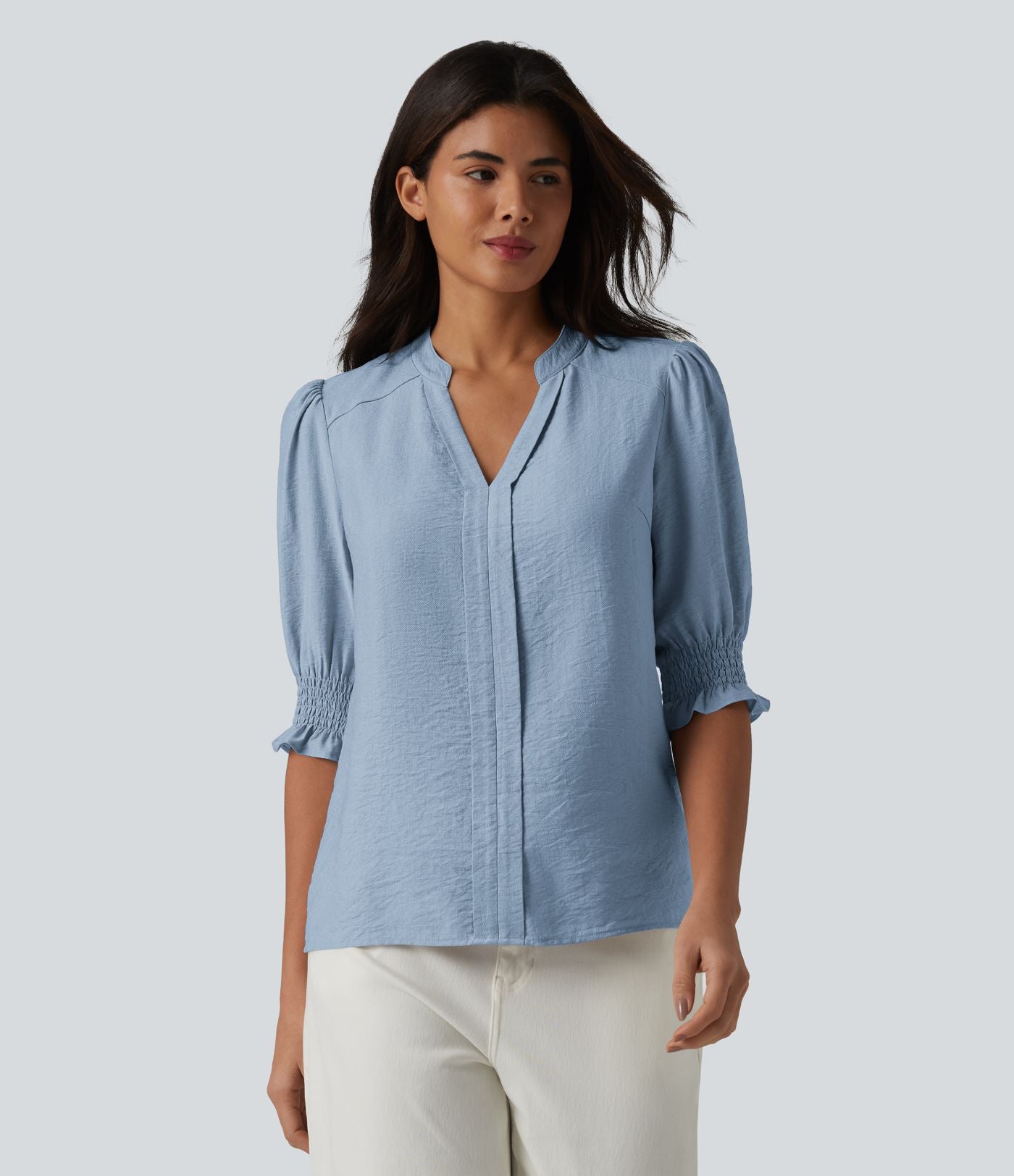 Blouse décontractée à col en V et manches courtes bouffantes