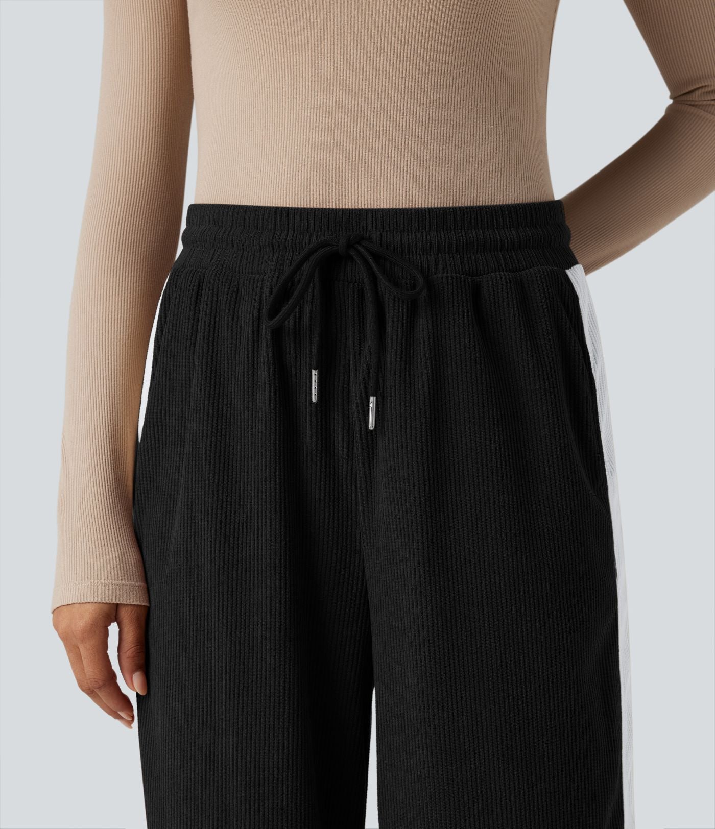 Pantalon jogging décontracté droit colorblock en velours côtelé, taille haute, avec cordon et poches