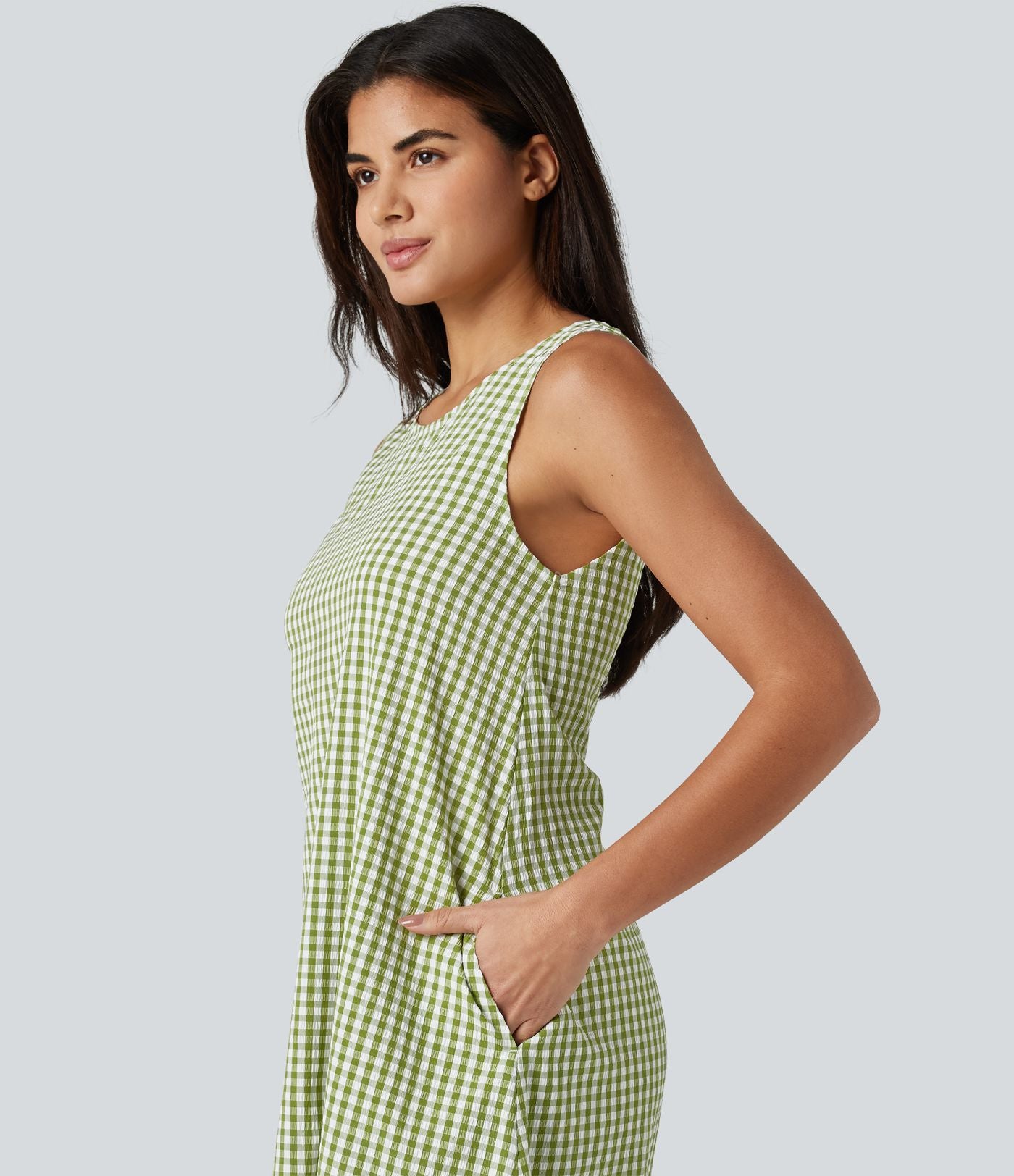 Robe débardeur midi décontractée col rond sans manches en vichy froissé avec poches