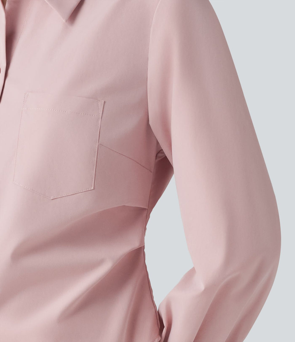 Chemise décontractée manches longues ourlet arrondi avec poche