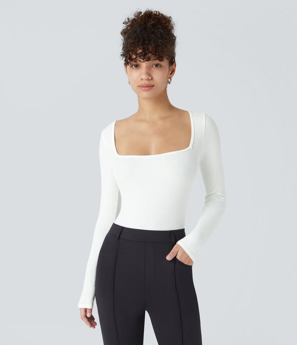 Bodysuit de Travail Tricot Côtelé Col Carré Manches Longues Boutonné Silhouette Élancée