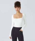 Bodysuit de Travail Tricot Côtelé Col Carré Manches Longues Boutonné Silhouette Élancée