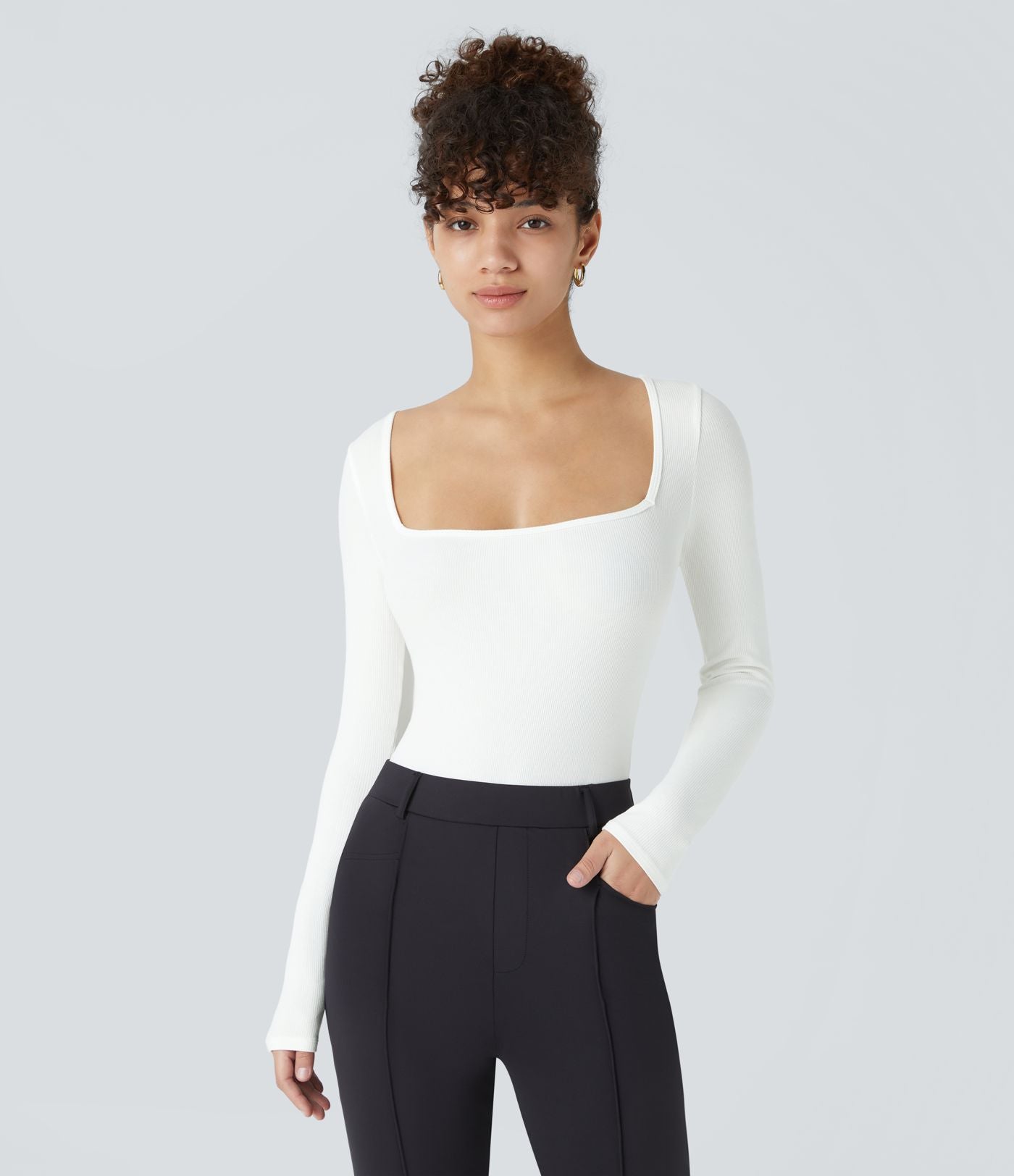 Bodysuit de Travail Tricot Côtelé Col Carré Manches Longues Boutonné Silhouette Élancée
