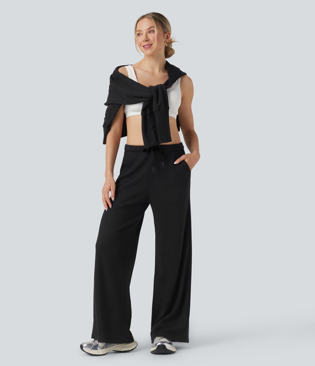 Pantalon large décontracté maille gaufrée taille mi-haute avec cordon et poches