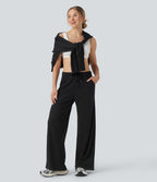 Pantalon large décontracté maille gaufrée taille mi-haute avec cordon et poches