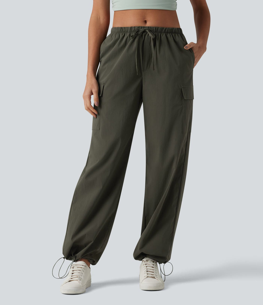 Pantalon cargo casual droit taille mi-haute avec cordon de serrage et poches