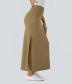 Jupe Casual Maxi à Taille Haute et Ourlet Fendu en A-Line en Côtes