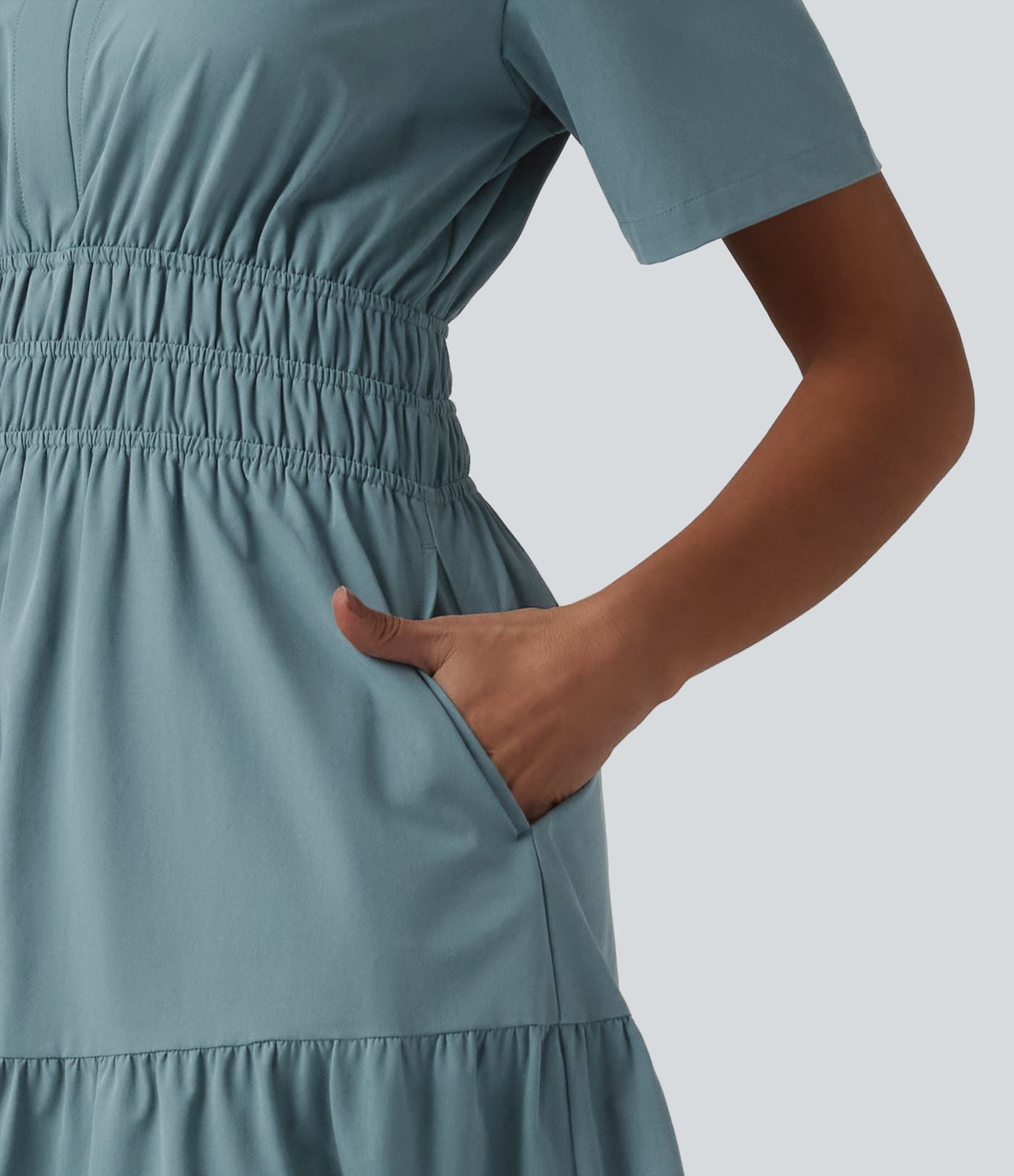 Robe-chemise midi fluide et décontractée en popeline extensible à manches courtes et poches