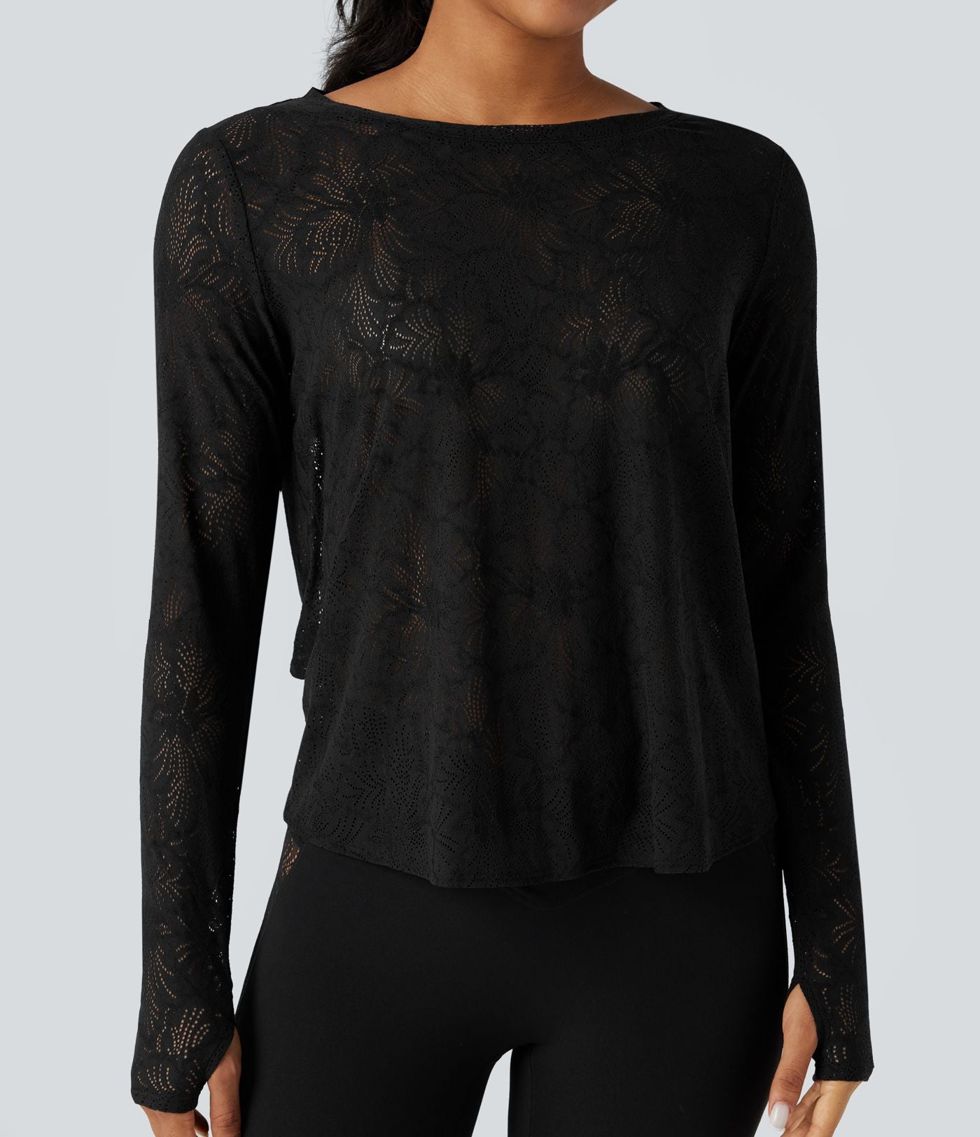 Top de sport yoga dentelle col rond manches longues liens dans le dos avec trous pouces