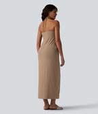 Robe longue estivale col licou dos nu avec lien soutien-gorge intégré aspect lin avec poches