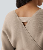Robe-pull courte décontractée à col V croisé, manches chauve-souris longues et ceinture