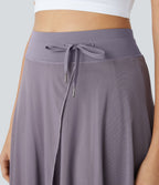 Jupe Casual Évasée Mesh Mi-Longue Fuide 2 en 1 Contrastée Taille Haute Cordon Poche Latérale