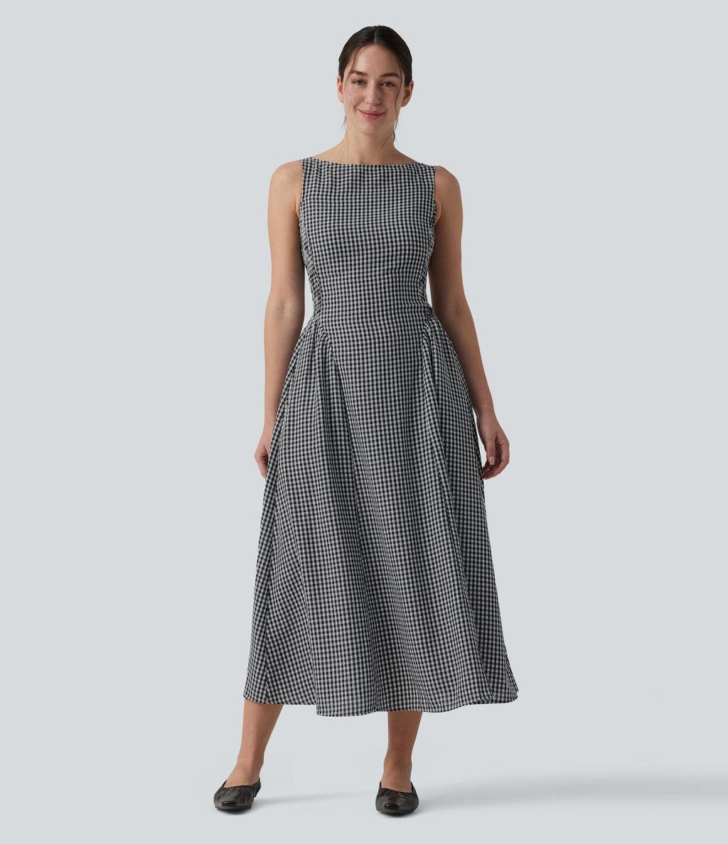 Robe longue fluide casual aspect lin col bateau sans manches à carreaux avec poches