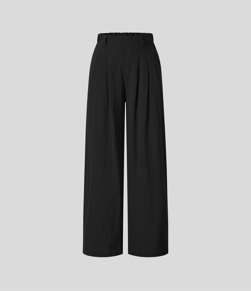 Pantalon Fluide Large Taille Haute Poches Latérales Palazzo Solide Casual Linen-Feel