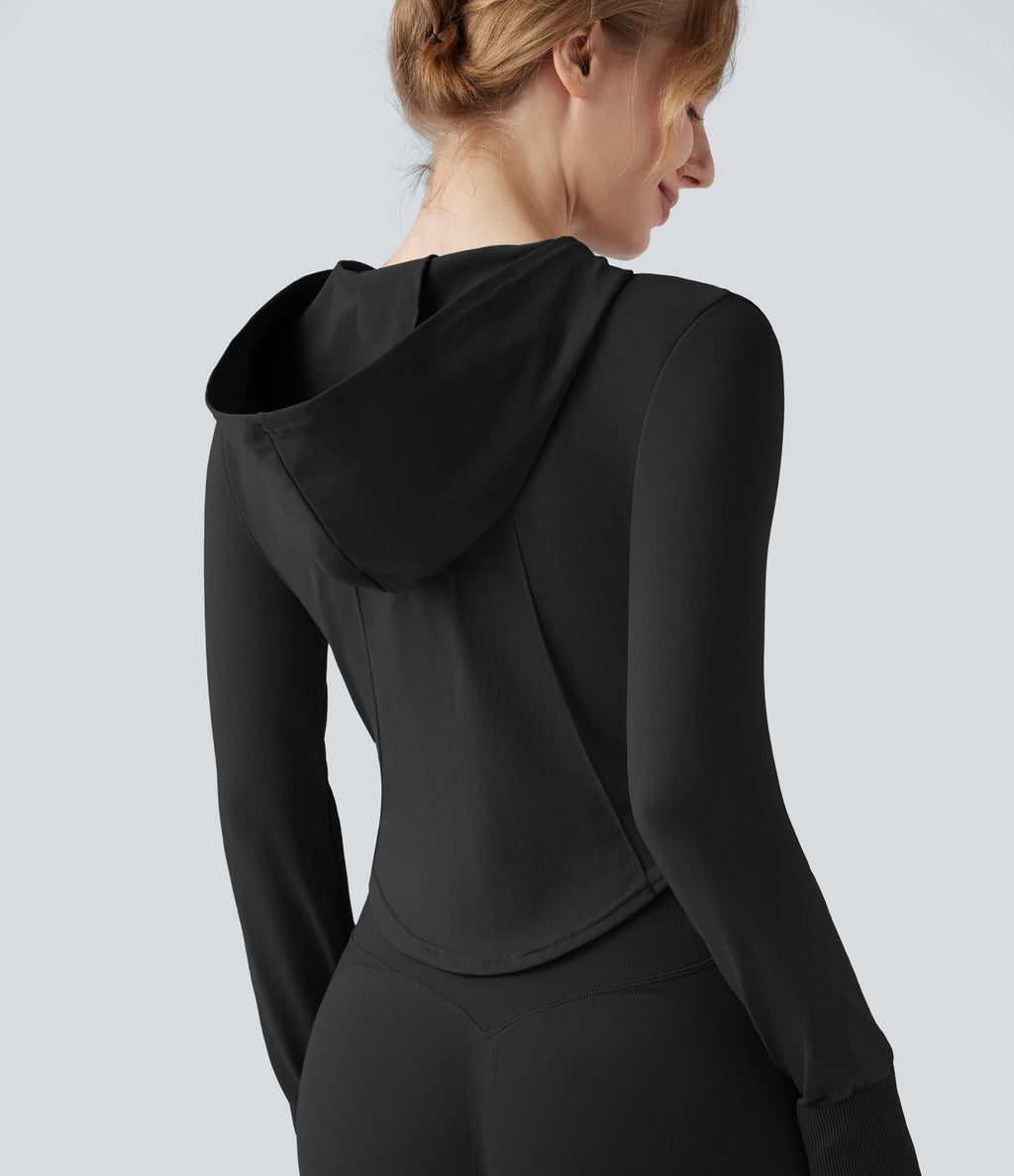 Veste yoga à capuche zippée à manches longues avec passants pouces et ourlet arrondi sans couture OneForm Seamless Flow