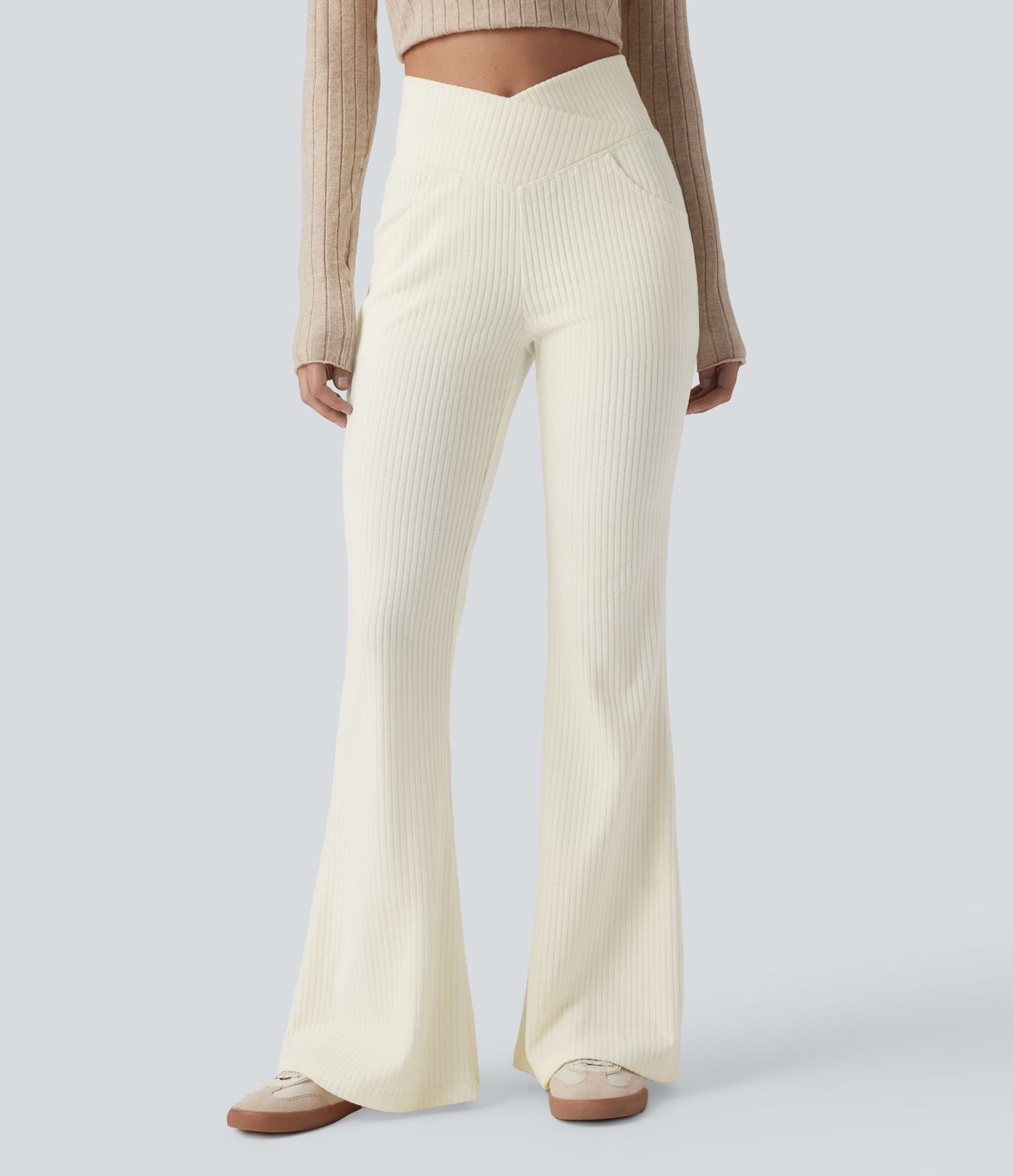 Pantalon Taille Haute Casual Évasés en Tricot Côtelé avec Poches Latérales et Croisé