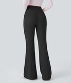 Pantalon Taille Haute Casual Évasés en Tricot Côtelé avec Poches Latérales et Croisé