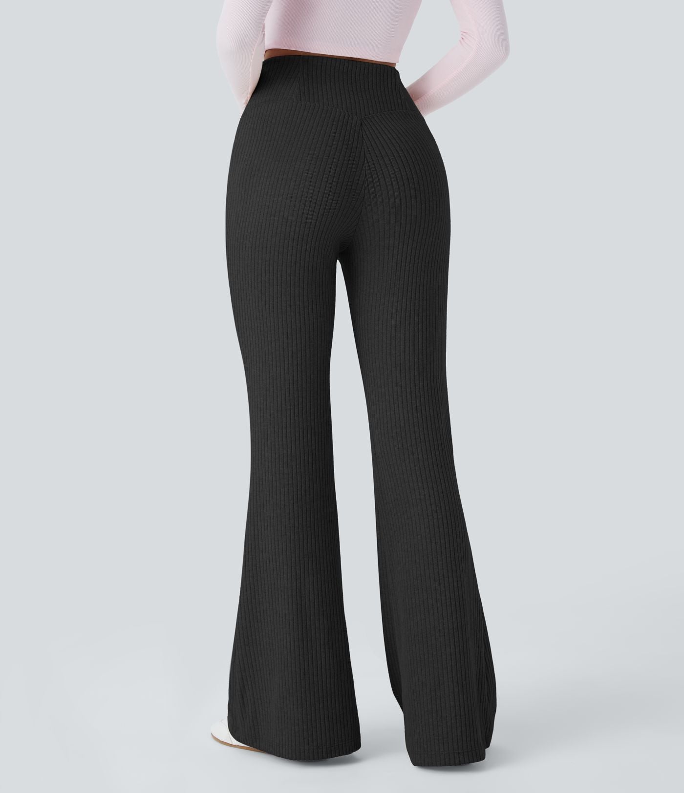 Pantalon Taille Haute Casual Évasés en Tricot Côtelé avec Poches Latérales et Croisé