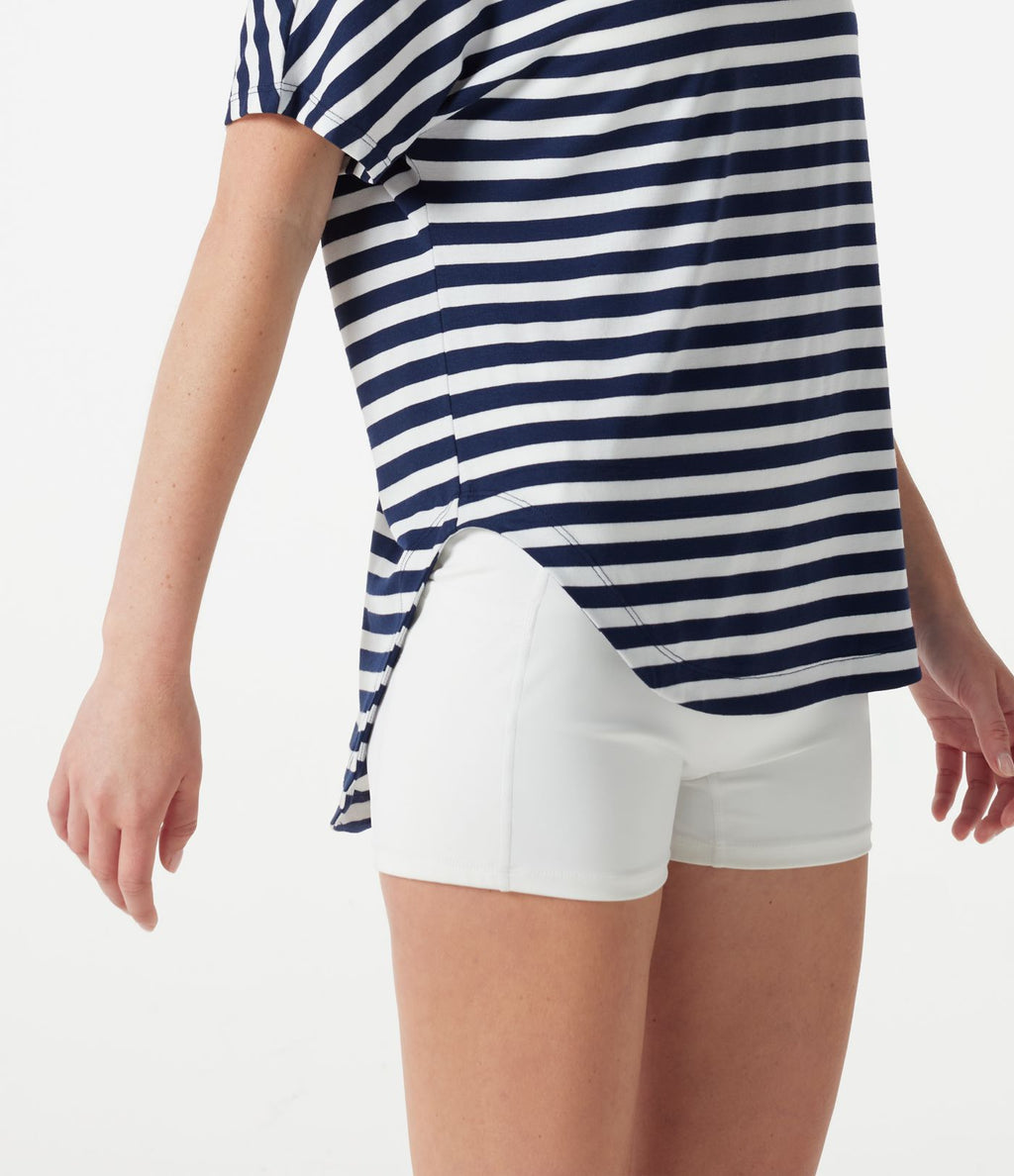Top casual asymétrique épaule dénudée à rayures, manches courtes, ourlet incurvé et brassière intégrée