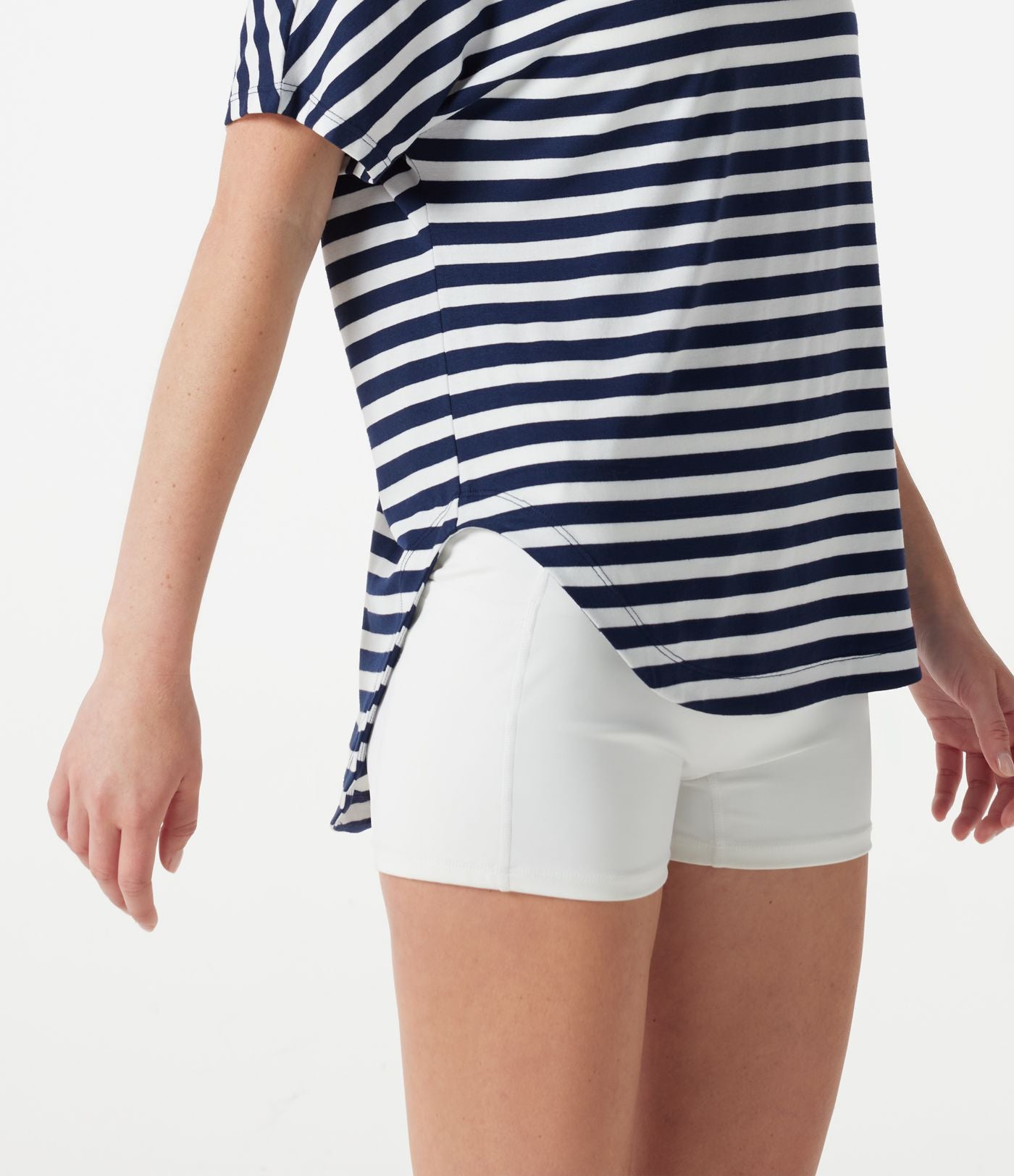 Top casual asymétrique épaule dénudée à rayures, manches courtes, ourlet incurvé et brassière intégrée