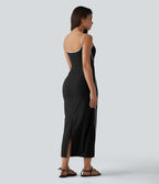 Robe nuisette casual midi côtelée color block à décolleté cœur avec coussinets intégrés non amovibles