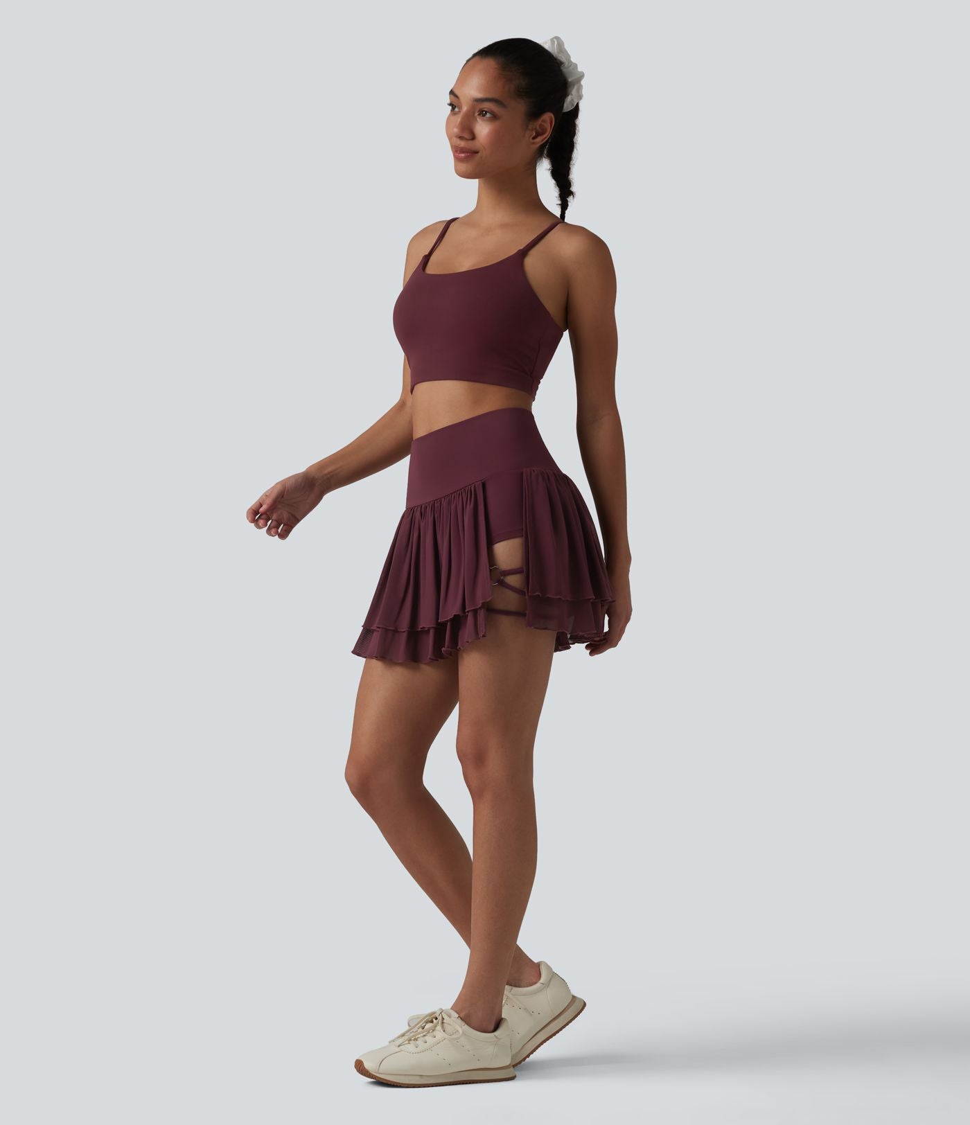Jupe de danse mini 2-en-1 en mesh respirant à volants et ourlet asymétrique taille haute avec poches