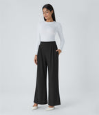 Halara Flex™ Pantalon Tailleur en Tissu Gaufré Taille Haute avec Large Ceinture Plis Poches Latérales Jambes Larges