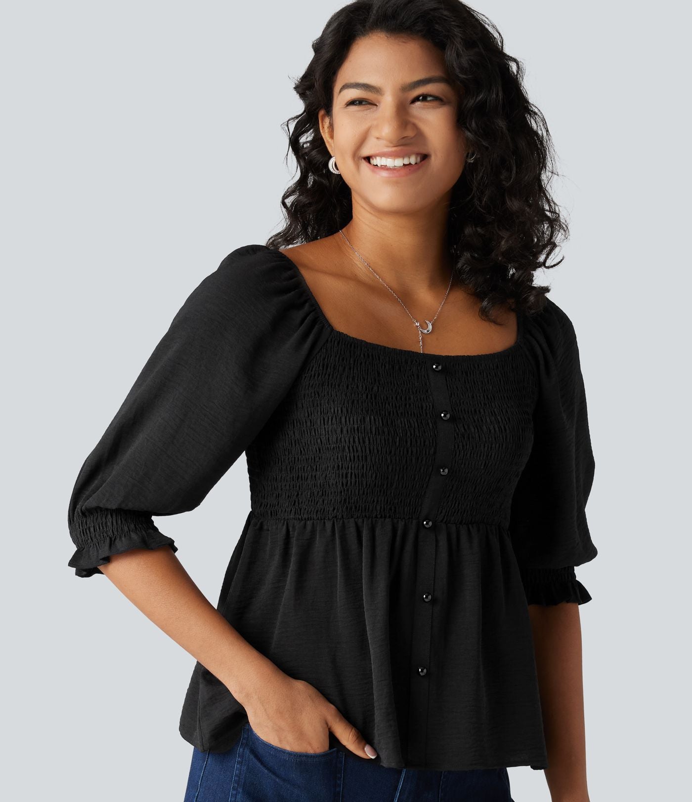 Blouse casual babydoll col carré à manches bouffantes mi-longues et détails froncés