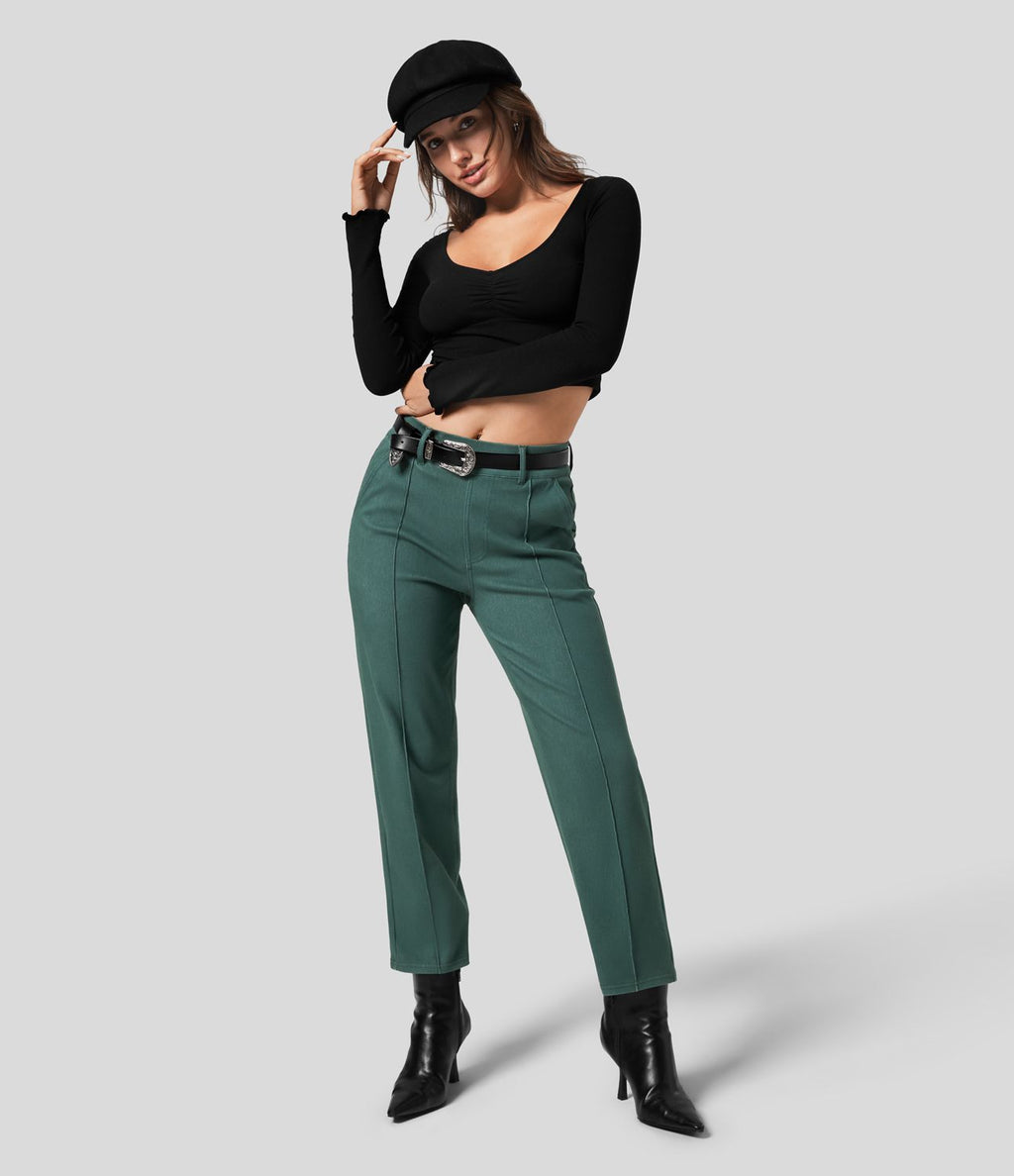 Halara Flex™ Jean Casual Tapered en Tricot Extensible Coloré avec Taille Haute et Poches Latérales