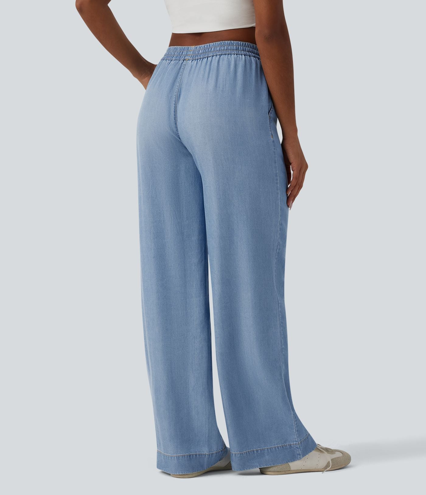 Jean large décontracté drapé taille mi-haute en lyocell avec cordon de serrage et poches