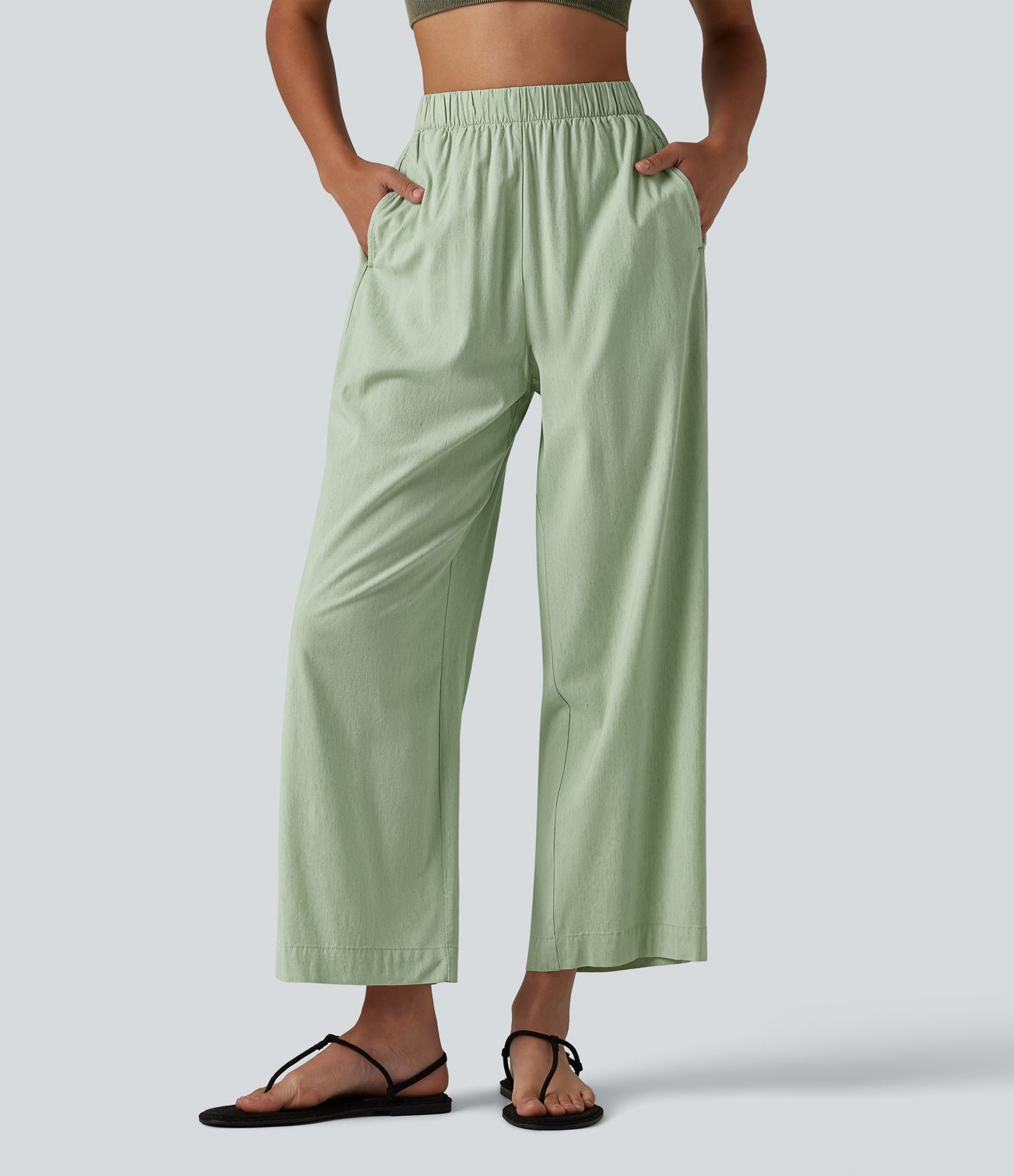 Pantalon casual 7/8 aspect lin stretch coupe droite taille haute avec poches