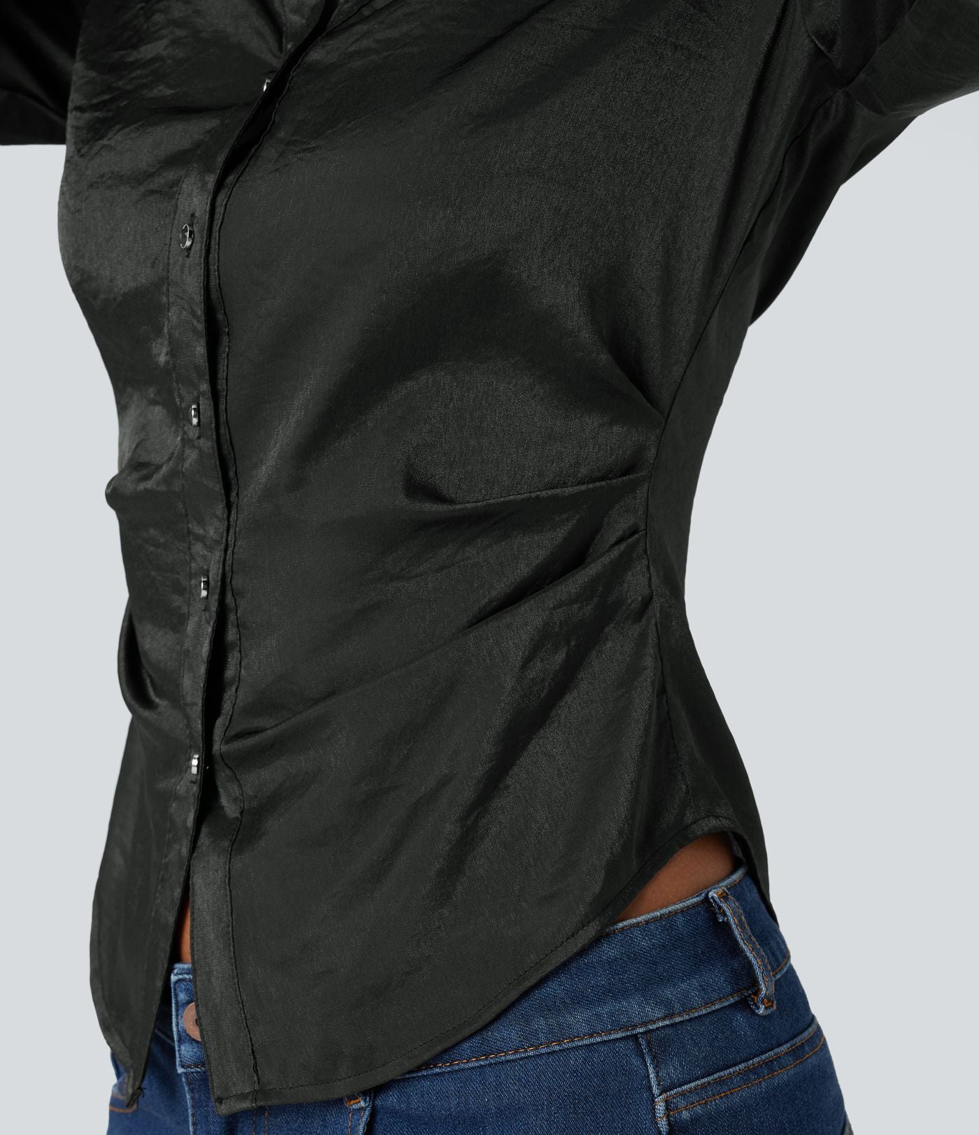 Chemise décontractée ajustée col V manches longues ourlet arrondi