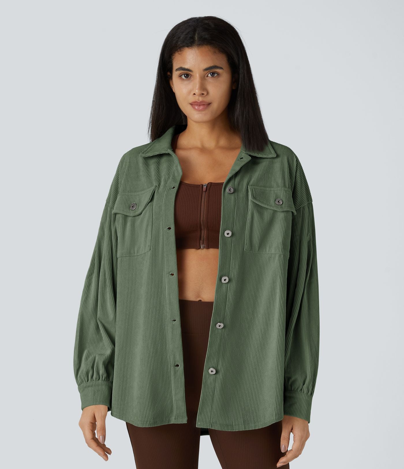 Veste Casual en Velours Côtelé à Col Boutonné Poches et Manches Longues Ourlet Courbé
