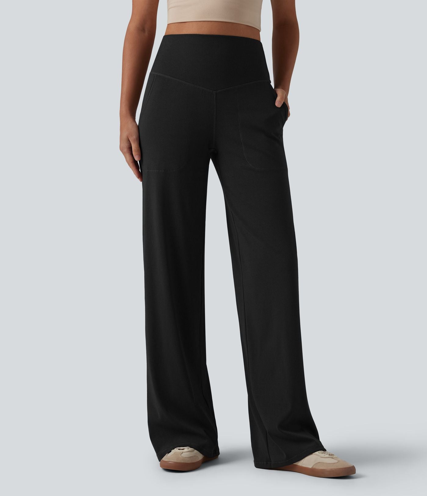 Pantalon large décontracté taille haute ventre plat en maille côtelée avec poches