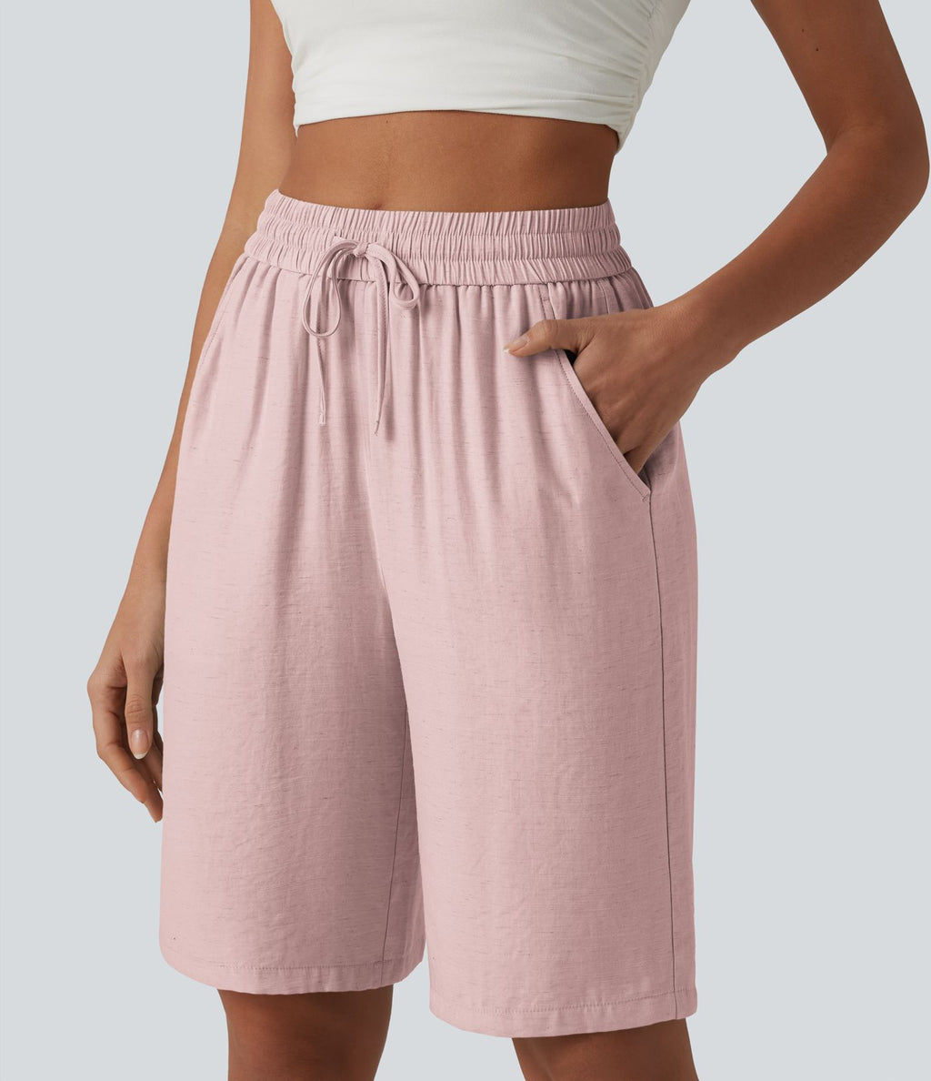 Short décontracté taille haute en lin mélangé avec cordon de serrage et poches, 25 cm