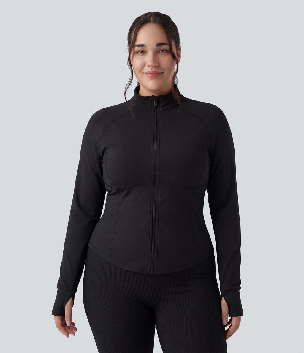 PuffFlex Grande taille Doudoune courte 3-en-1 col montant casual & Veste à ourlet arrondi et trous pour les pouces avec poches