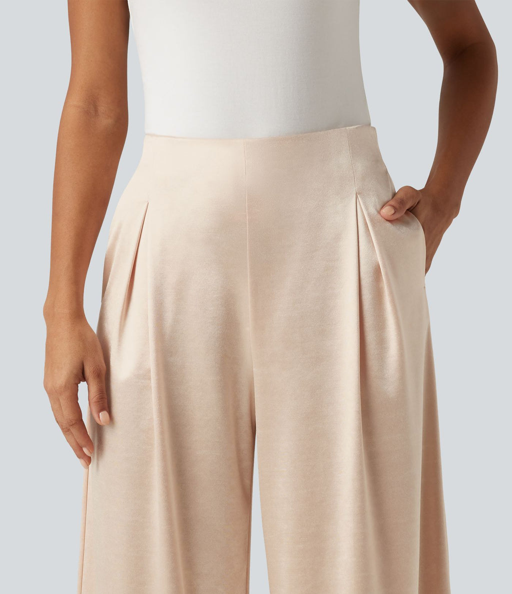 Pantalon habillé large taille haute en satin avec poches