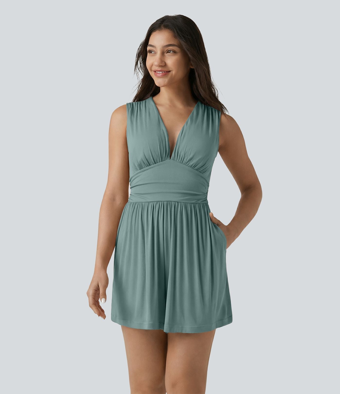 Combishort casual côtelé sans manches col V, fronces et soutien-gorge intégré, avec poches – Easy Peasy