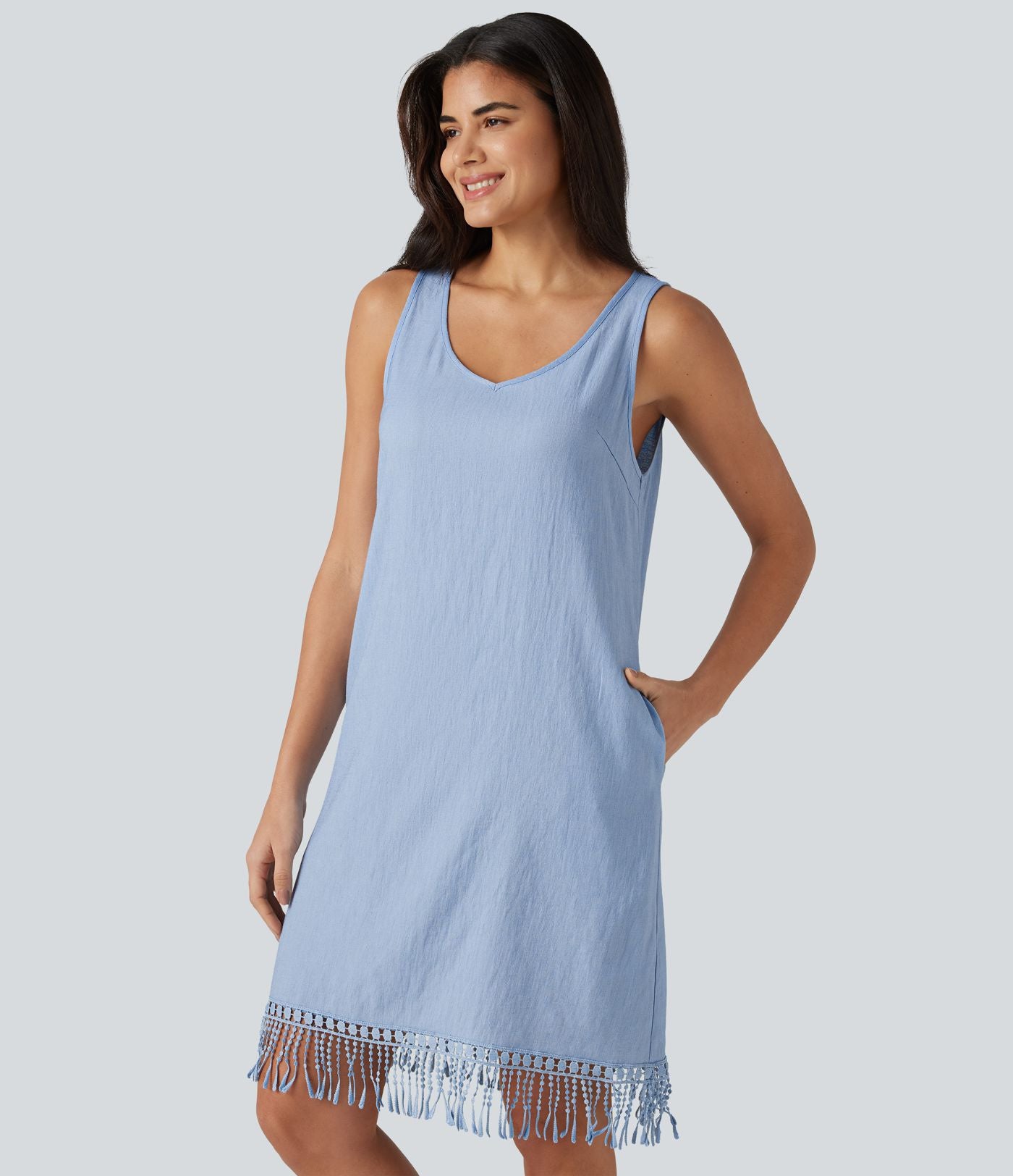 Robe mini sans manches col V avec ourlet à franges