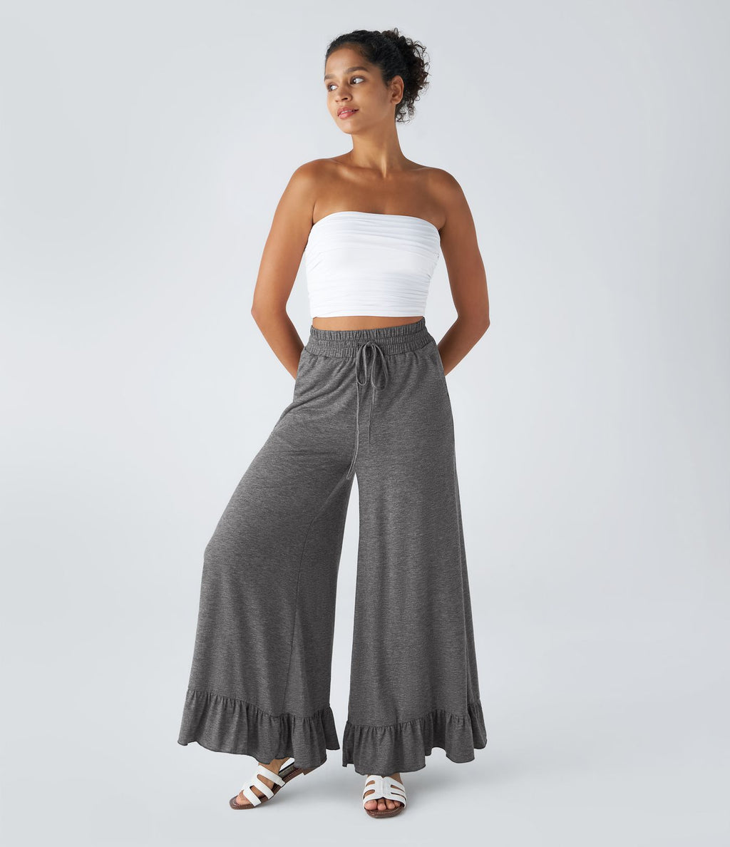 Pantalon Casual à Taille Haute avec Cordon De Serrage Poches Latérales et Volants Jambes Amples