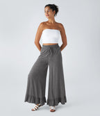 Pantalon Casual à Taille Haute avec Cordon De Serrage Poches Latérales et Volants Jambes Amples