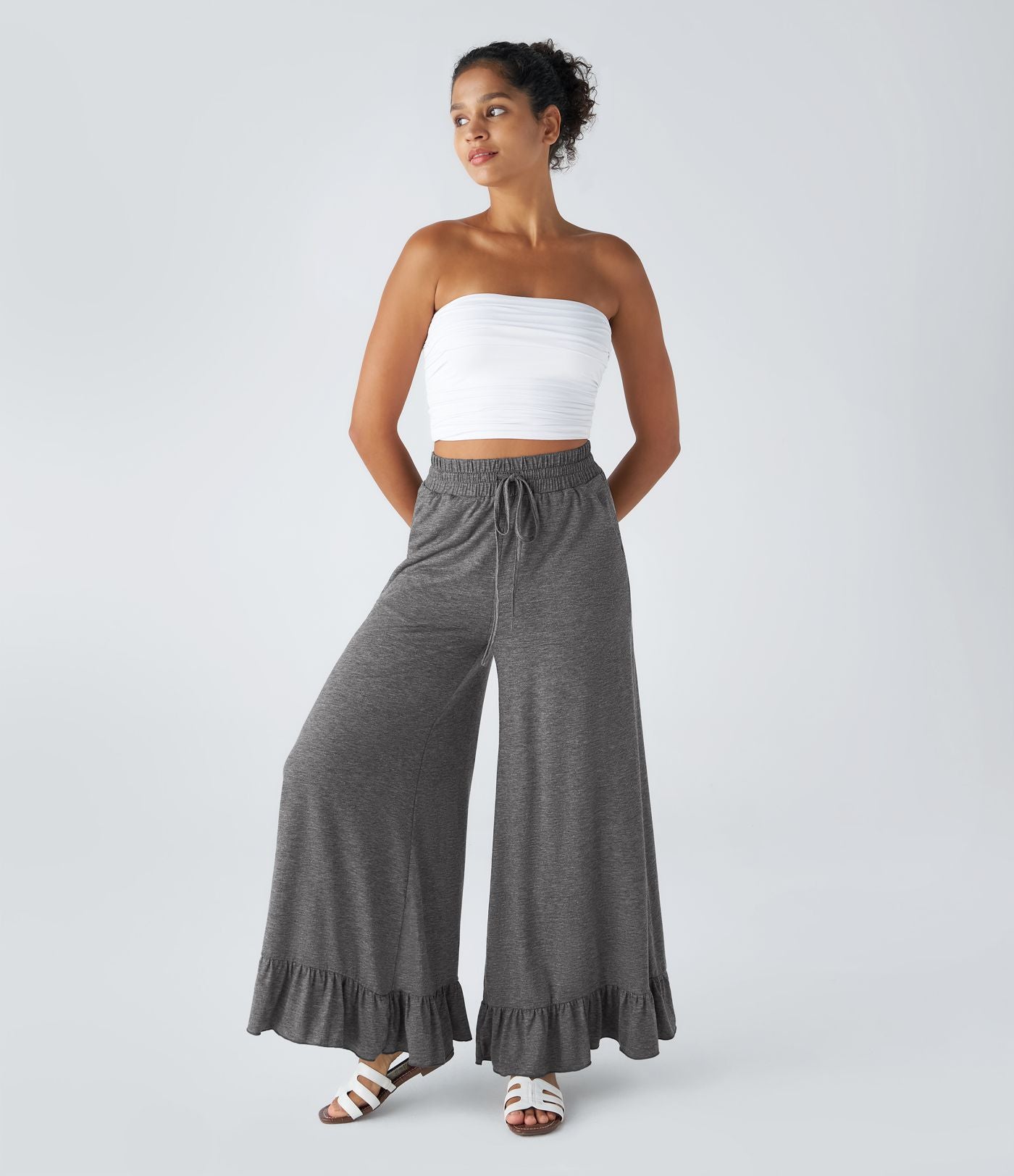 Pantalon Casual à Taille Haute avec Cordon De Serrage Poches Latérales et Volants Jambes Amples