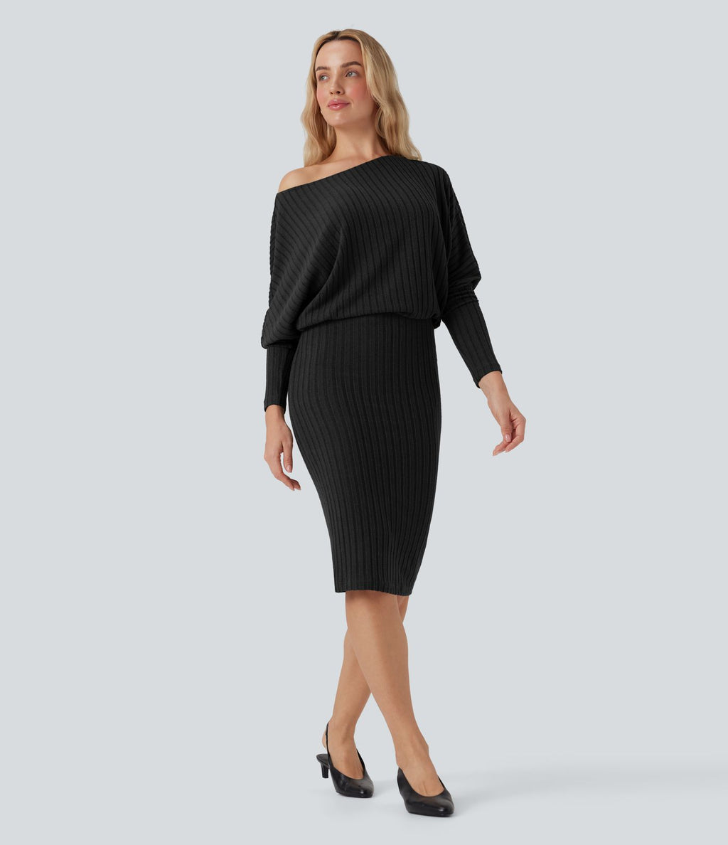 Robe de mi-longue moulante décontractée maille côtelée épaules dénudées manches chauve-souris