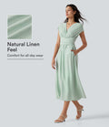 Robe midi casual fluide en mélange de lin col V à manches courtes avec dos noué et poches