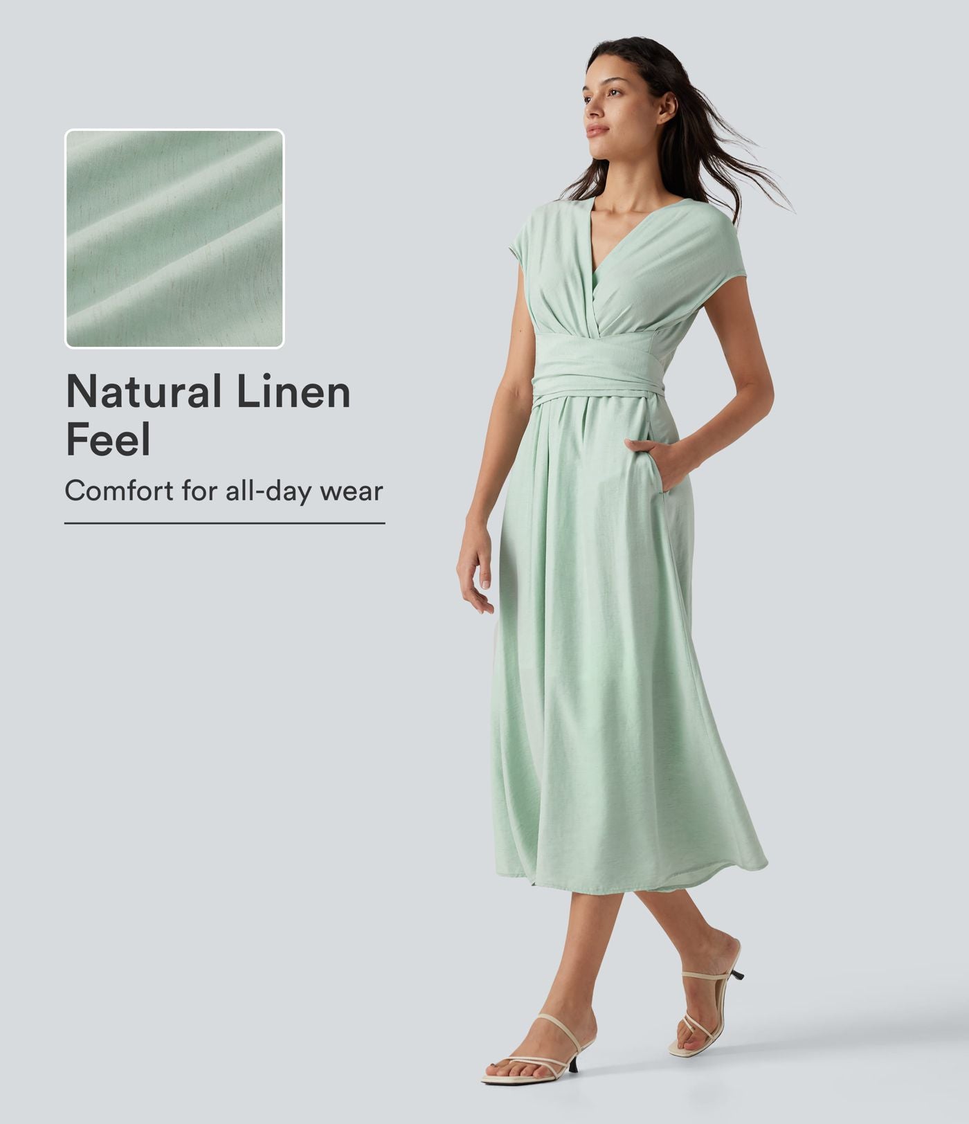 Robe midi casual fluide en mélange de lin col V à manches courtes avec dos noué et poches