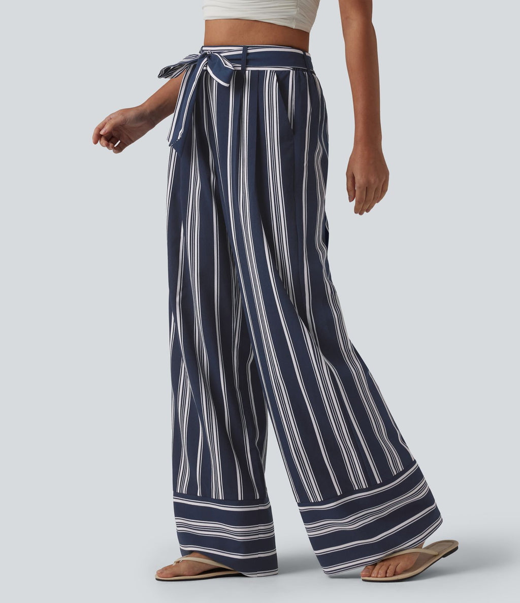 Pantalon large taille haute à rayures avec ceinture et poches