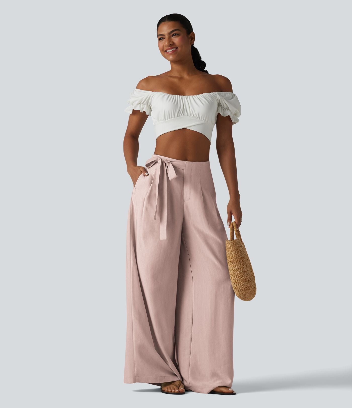 Pantalon large fluide taille haute en lin mélangé avec poches et liens latéraux